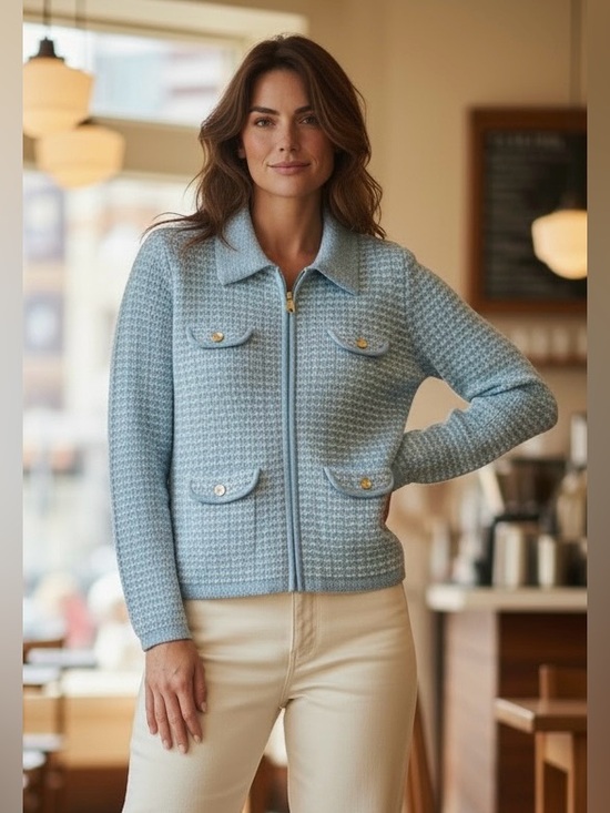 Talbots Sweaters - Talbots Soft Teal Tweed Zip-Up Sweater, Size Small